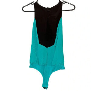 Bebe Teal Black Satin Bodysuit Zip Back Stretch XS
